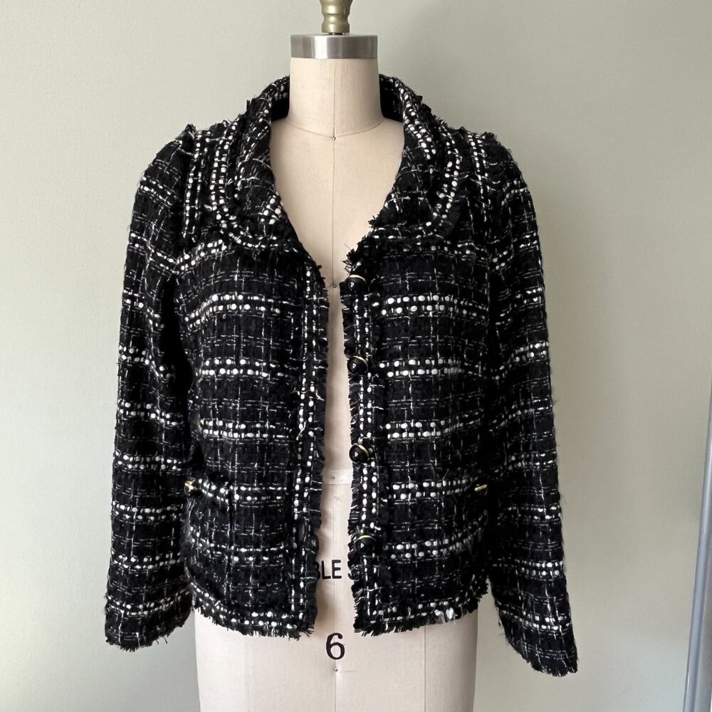 WEILL Blazer Black and White Blazer Jacket Fringe Trim Party Office Chic 10
